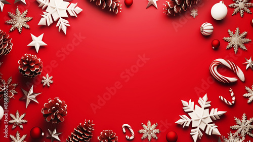 Festive Christmas background featuring various decorations such as pinecones, snowflakes, stars, candy canes, and ornaments arranged on a vibrant red backdrop.