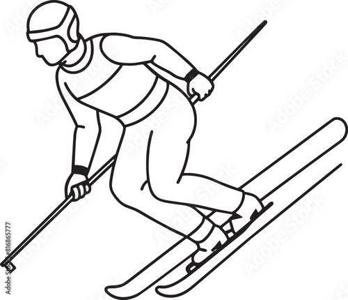 a drawing of a skier on a white background with a black and white image of a skier wearing a helmet.