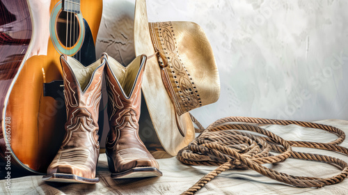 Western-themed arrangement featuring a guitar, cowboy boots, a cowboy hat, and a lasso on a rustic fabric background, perfect for conveying a country or cowboy lifestyle.