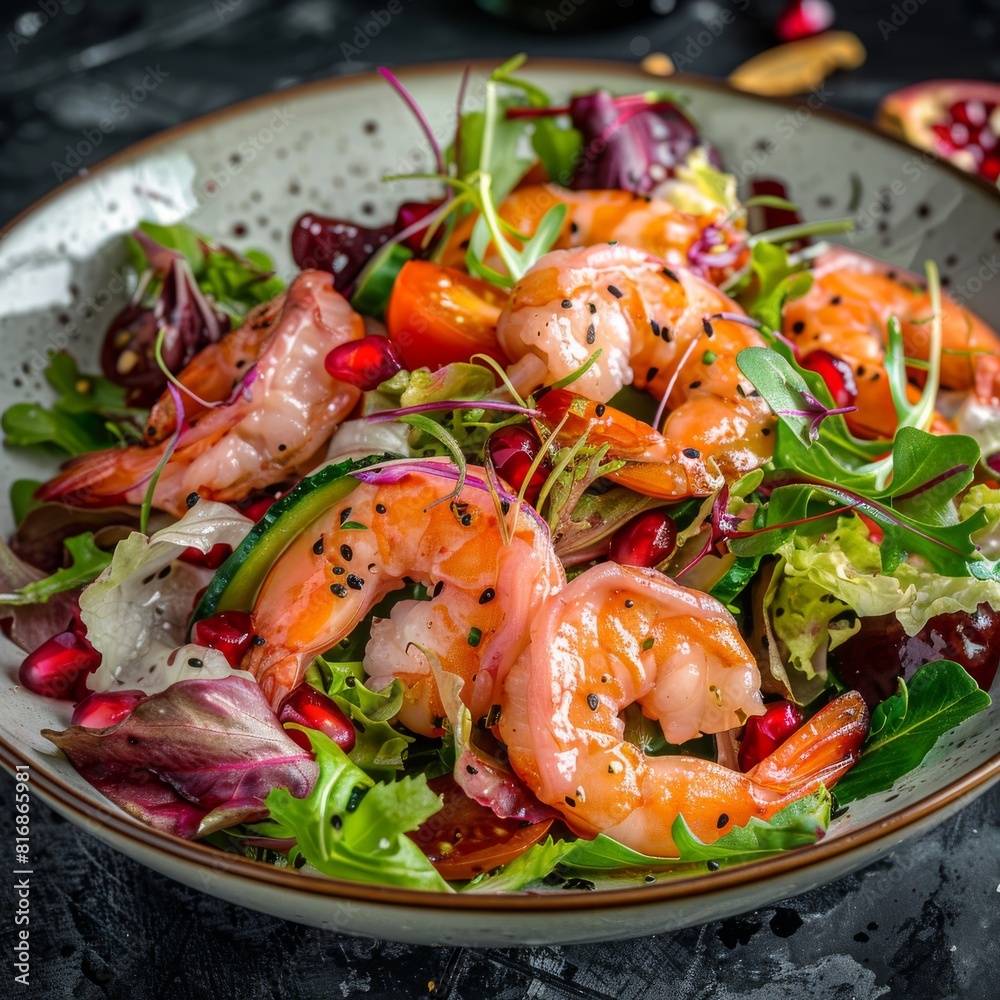 Salmon Salad with Shrimps and Greens, Smoked Trout Pieces, Lettuce, Cucumbers, Radicchio, Nuts Salmon Salad with Shrimps and Greens, Smoked Trout Pieces, Lettuce, Cucumbers, Radicchio, Nuts