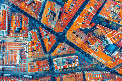 Top view of the ancient houses of old town of Valladolid and Spain. Red roofs of the ancient city