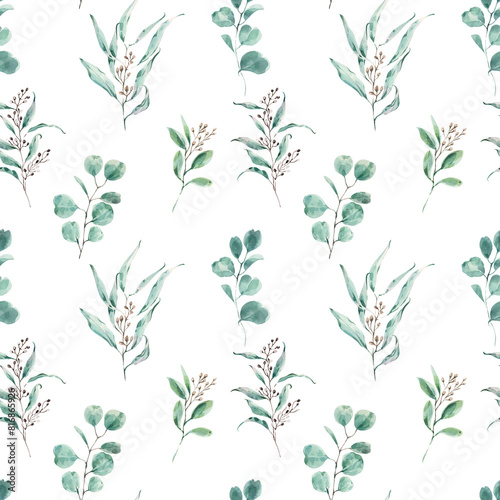 Seamless pattern eucalyptus leaves, nature pattern, forest pattern with leaves.