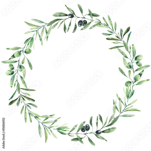 Wreath of olive branches, watercolor illustration. Olive frame for wedding invitation.