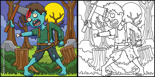 Zombie with Axe in His Head Coloring Illustration