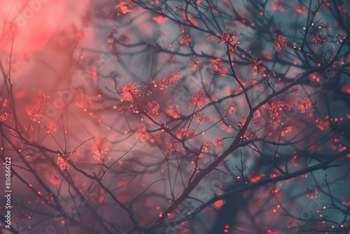 Coral Dust Branch With Pink Glow dry branch with red powder flash aura, generative ai