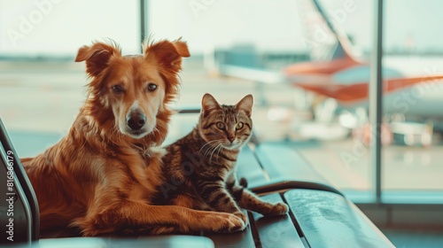 A dog and a cat sitting together on a bench in an airport, with airplanes visible through the large windows in the background.