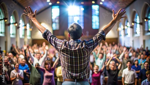 Man raising hands in worship in the church photo