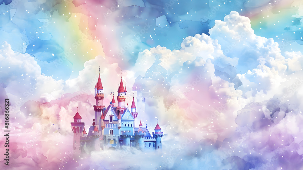 Whimsical Fairytale Castle Surrounded by Iridescent Rainbows and Fluffy Clouds in Watercolor Whimsical Fairytale Castle Surrounded by Iridescent Rainbows and Fluffy Clouds in Watercolor