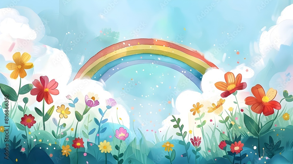 Fototapeta premium Enchanted Garden Blooming with Vibrant Flowers and Whimsical Rainbow in the Sky