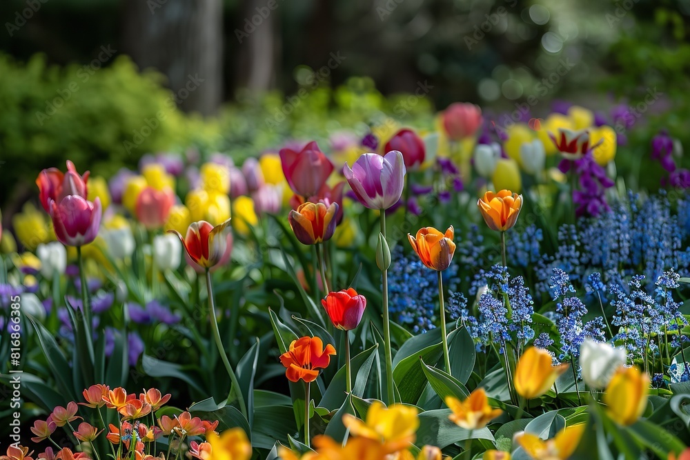 Fototapeta premium A bed of colorful flowers blooms vibrantly in a well-tended garden, showcasing a variety of hues and shapes