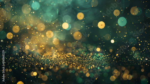 Abstract green and gold glitter background with bokeh lights, golden shiny particles on dark background for holiday celebration design