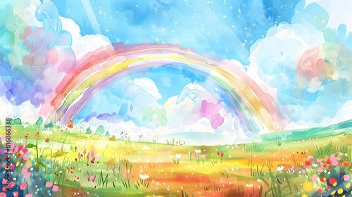 Dreamy Watercolor Landscape with Enchanting Double Rainbow in Ethereal Meadow