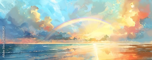 Ethereal Watercolor Sunset Seascape with Vibrant Rainbow over Tranquil Ocean Waves