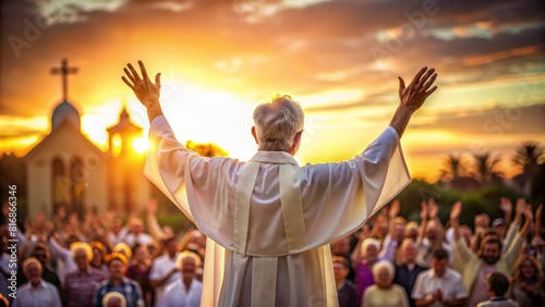 Priest raising hands in worship at sunset 