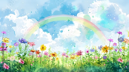 Enchanted Wildflower Prairie with Vibrant Rainbow and Serene Clouds