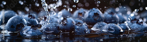 ripe blueberry captured in an explosive water splash, showcasing their vibrant colors against a dramatic black background.