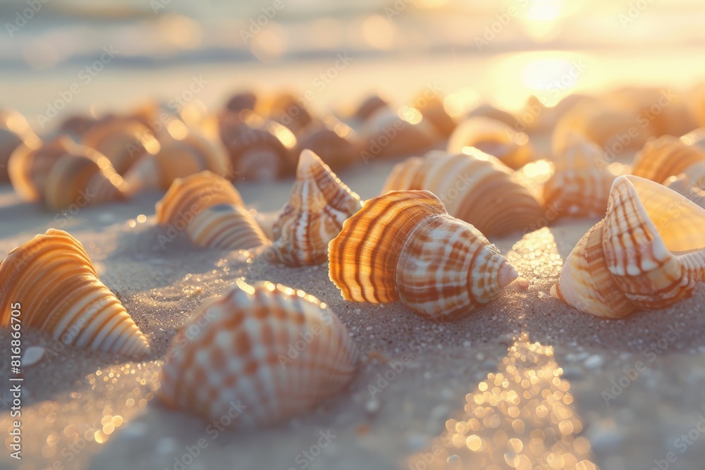 Collection of seashells on a sandy beach, perfect for summer vacation concepts Collection of seashells on a sandy beach, perfect for summer vacation concepts