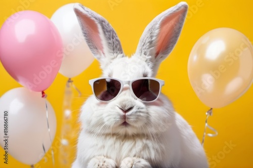 a rabbit wearing sunglasses with white and pink balloons,a yellow background, pet party theme and promotion concept.