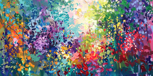 Fototapeta Naklejka Na Ścianę i Meble -  Vibrant abstract painting of colorful flowers and trees