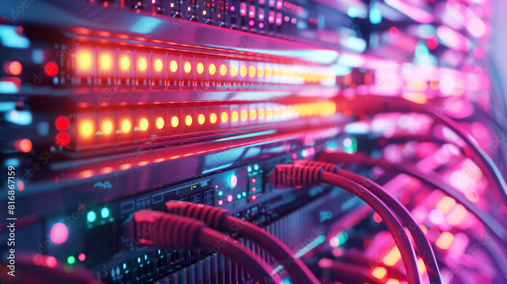 Fototapeta premium Vibrant close-up of a server rack with glowing red and blue lights and detailed network cables.