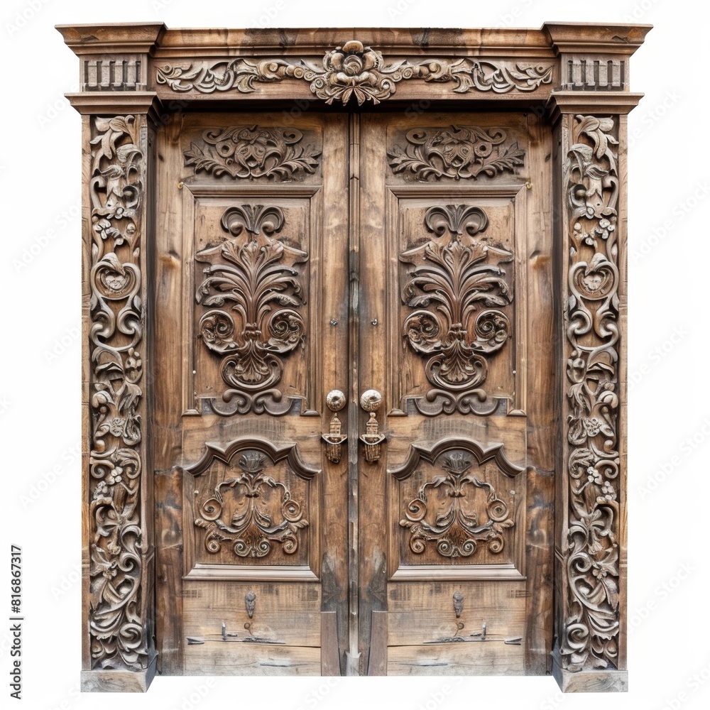 Old door isolated, antique gates, wood enter, vintage wooden doors, closed gateway, elegant entrance