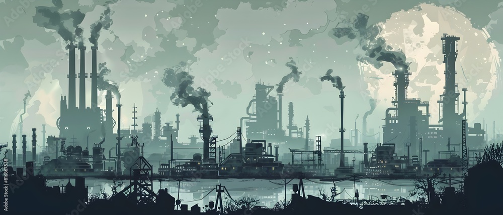 Industrial Cityscape with Pollution and Smokestacks in Moody Atmospheric Environment Depicting Environmental Issues and Technological Progress Industrial Cityscape with Pollution and Smokestacks in Moody Atmospheric Environment Depicting Environmental Issues and Technological Progress