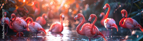 Group birds of pink african flamingos walking around the blue lagoon photo
