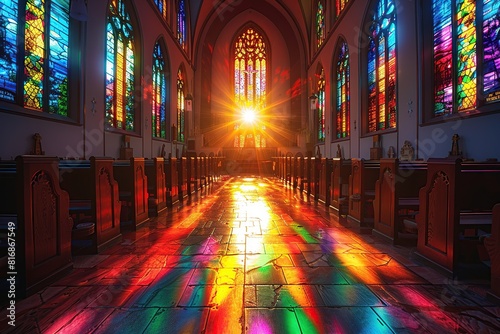 A church with stained glass windows and pews