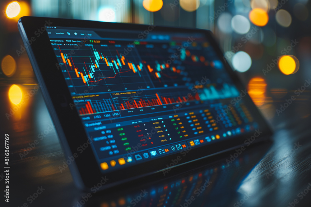 A tablet with a screen displaying a stock market graph A tablet with a screen displaying a stock market graph