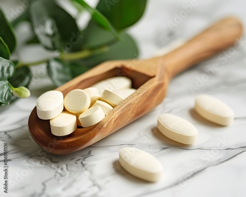 Medicine, pills on a calm wooden spoon photo