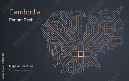 Cambodia Map with a capital of Phnom Penh Shown in a Microchip Pattern with processor. E-government. World Countries vector maps. Microchip Series photo