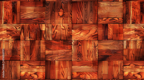 Detailed collage of different patterns of rich mahogany wood panels, offering a warm and textured appearance.