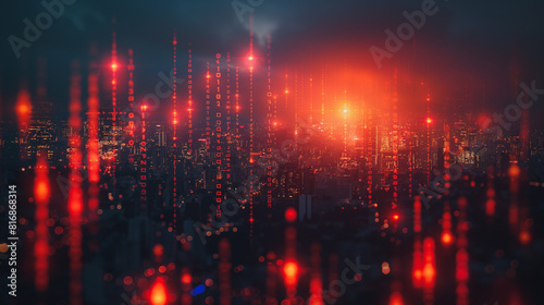 A cityscape with a red light like a stock market digital line
