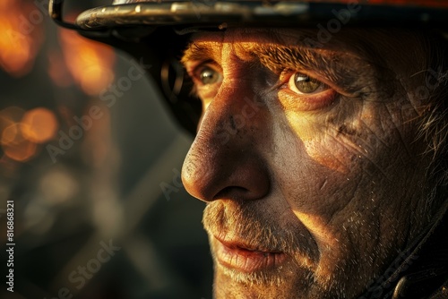 Intense gaze of a firefighter with sootcovered face, illuminated by the glow of flames photo