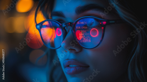 A woman is wearing glasses with a glowing screen on the lenses