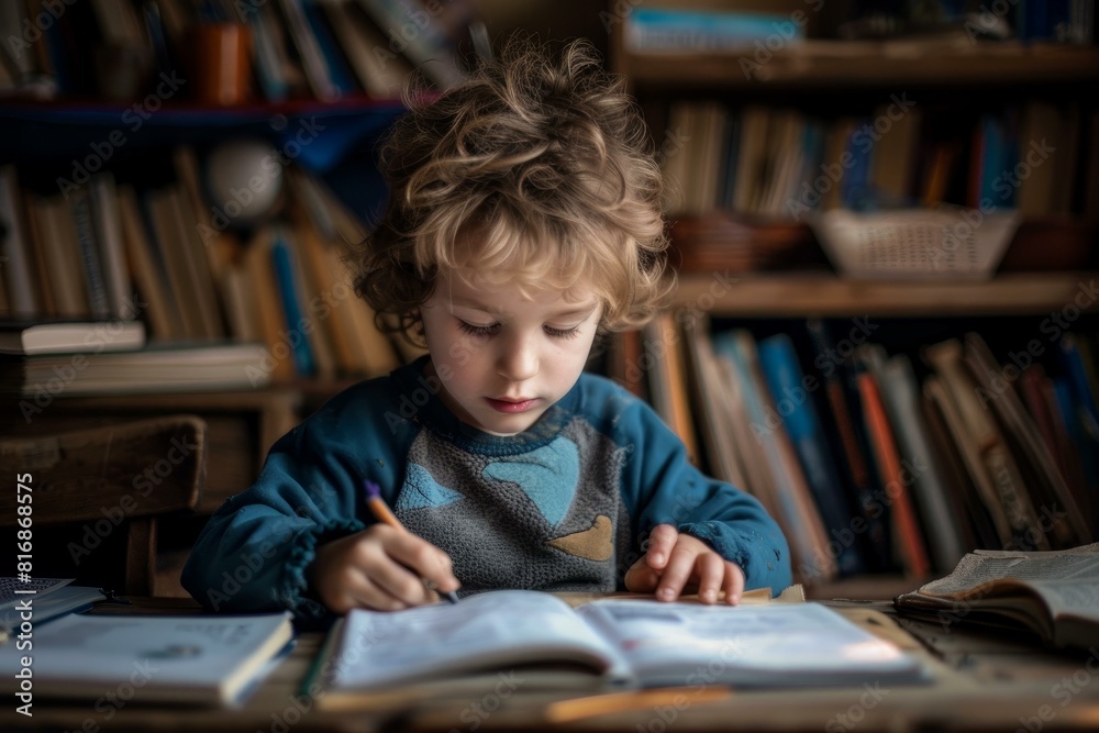 Curlyhaired child focused on reading and writing in a home library setting Curlyhaired child focused on reading and writing in a home library setting