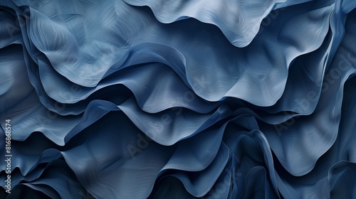 : An artistic interpretation of a fashion-inspired wallpaper design, showcasing dynamic wavy layers and cascading ruffles in shades of blue,  photo