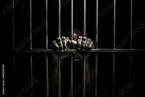 A persons hand is seen resting on the cold metal bars of a jail cell. jail and legal punishment concept. Generative AI