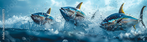 tuna fish bursts energetically from the ocean, silhouetted against a golden sunset, surrounded by sparkling water droplets.