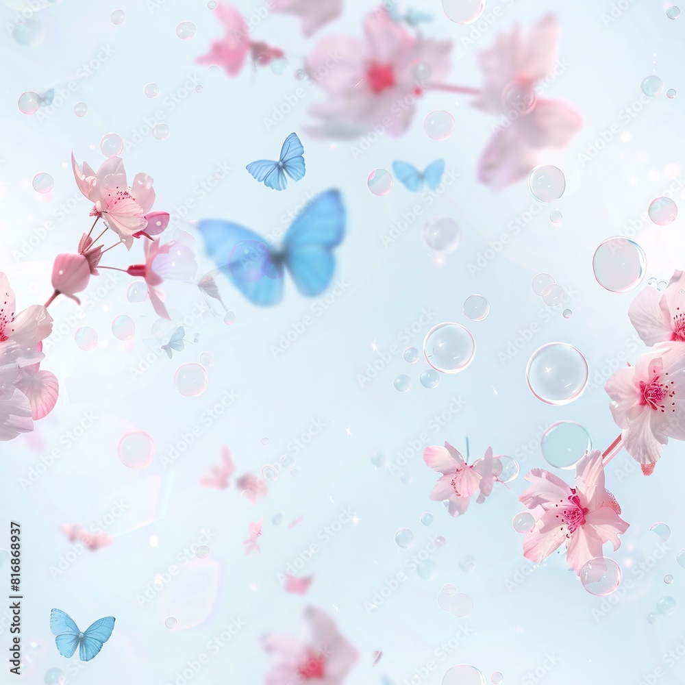 Seamless floral pattern with a simple artistic combination of soft pastel colours, bubbles and butterflies creates a dreamy floral background reminiscent of spring. Multicoloured painting style Seamless floral pattern with a simple artistic combination of soft pastel colours, bubbles and butterflies creates a dreamy floral background reminiscent of spring. Multicoloured painting style