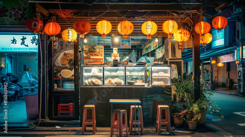Fototapeta Naklejka Na Ścianę i Meble -  Night scene of a vibrant street food stall adorned with red lanterns, displaying various food items in glass cases, with stools and a small table in front.