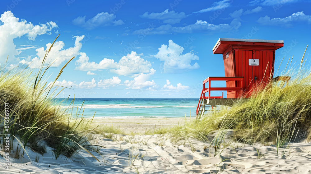 Idyllic coastal scene with a vibrant red lifeguard tower on a sandy beach with lush dunes and clear skies.