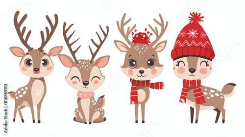 Cute deer with red hat set style vector design