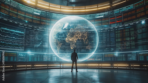 A man stands surrounded by screens displaying stock market graphs