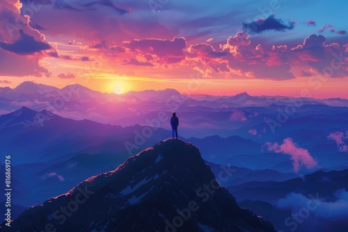 A person standing on top of a mountain at sunset. Ideal for travel and adventure concepts