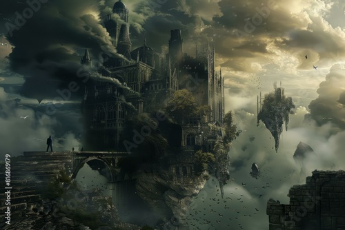 Enchanting digital artwork of a fantasy castle amidst floating islands and billowing clouds