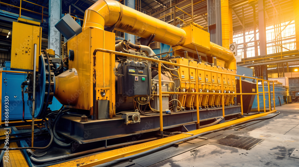 Large orange industrial generator inside a manufacturing plant with steel beams and blue machinery.