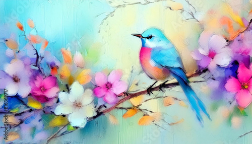 Abstract colorful painting with oil paints or acrylic with the image of a bird sitting on a branch among spring flowers. AI Generated © Kovalova Ivanna