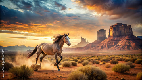 Horse riding at sunset in desert  Wild West concept