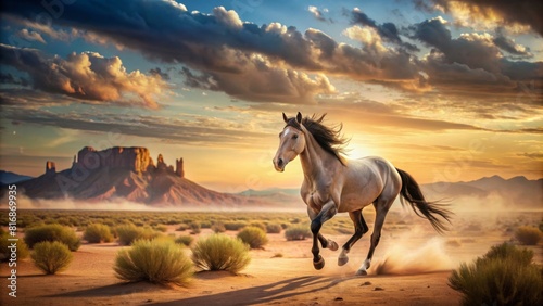 Horse riding at sunset in desert  Wild West concept